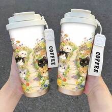 1/5个 500毫升/17盎司 316不锈钢保温水瓶，防漏真空杯，带防漏盖，可爱猫咪和花朵印花，双饮口设计，带挂绳，时尚个性化咖啡杯，实用日常保温水杯，夏季必备，适合健身，通勤、旅行和户外活动 - 貓咪1 - 查看 1