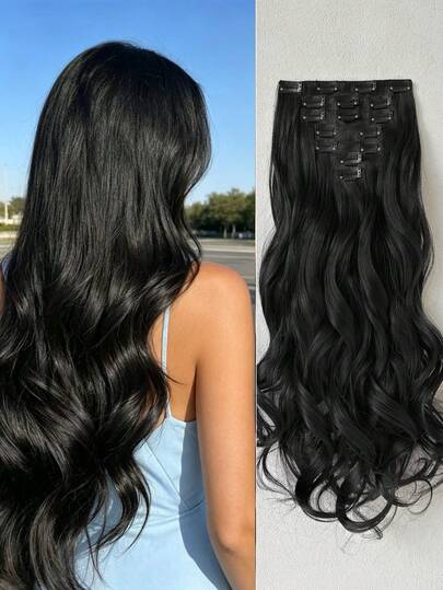 16 Clips 22 Inch 7pcs Black Long Wavy Clip-In Hair Extensions For Women, Synthetic