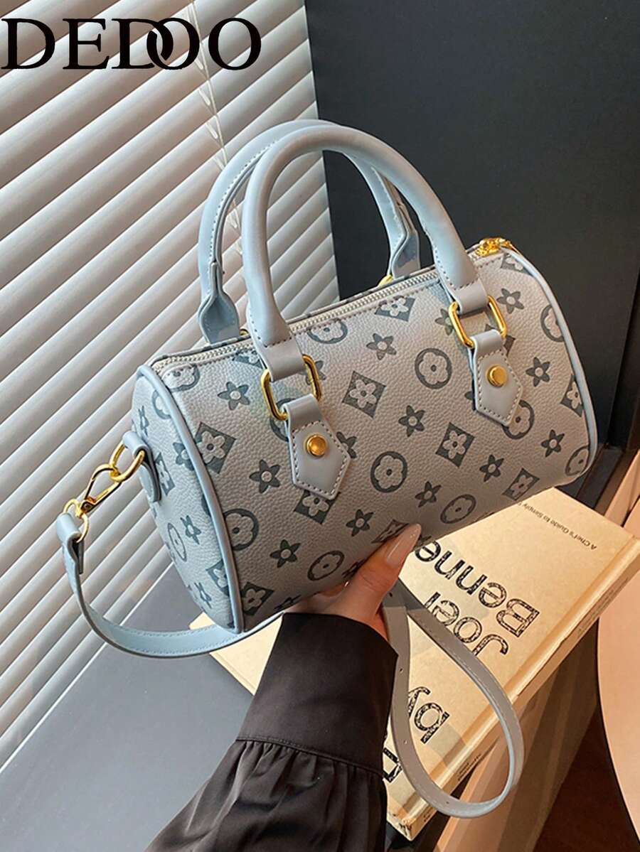 Dedoo 復古印花迷你圓筒手提包，圍巾裝飾，可拆卸肩帶，女款多功能單肩斜挎包