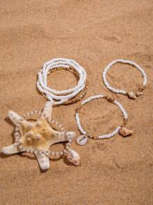 imoli 8pcs/Set Bohemian Vacation Style Resin Handmade Beaded Multi-Layer Stacked Pendant Seashell Anklet Set, Perfect Gift For Women To Wear At Music Festivals, Beach Parties, And Gatherings - 27934-gwhite - View 8