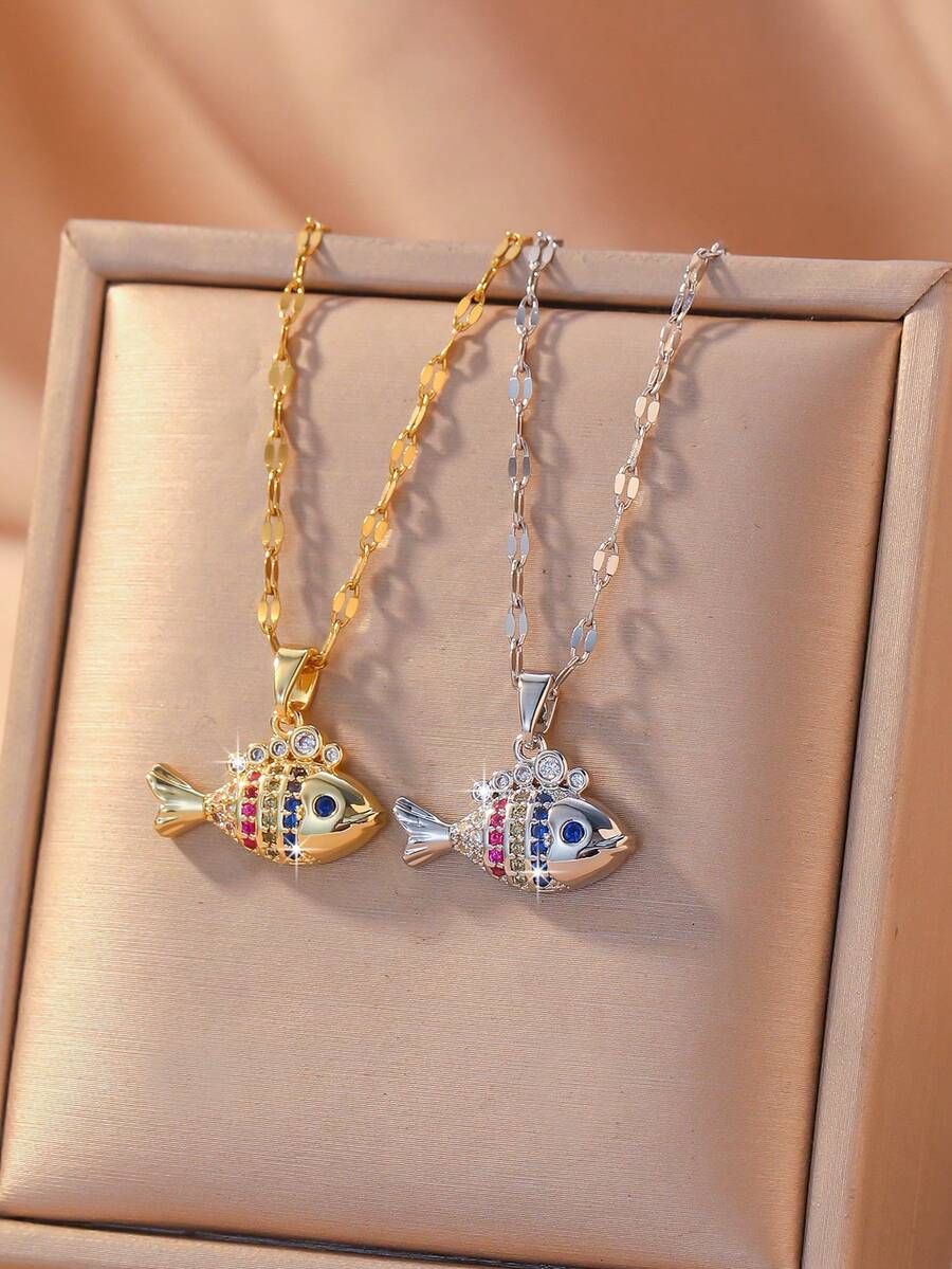 1pc Fashion Vintage Colorful Zirconia Small Fish Pendant Women's Necklace, Gold And Silver Dual-Tone Lightweight Luxury Niche Collarbone Chain, Suitable For Daily Wear, Holiday, Anniversary, Birthday Gift For Girlfriend - Multicolor - View 1