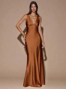 fsvsSHEIN  Vestido de tirantes con escote en V profundo y espalda descubierta, de unicolor amarillo/crema, de estilo minimalista y sexy, adecuado para fiestas, cócteles, ocasiones formales, dama de honor, cumpleaños, Navidad y casual de negociossdvs KE52 - Óxido marrón - Ver 2