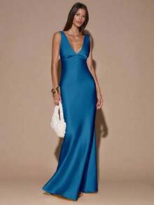 Vestido largo de sirena minimalista y sexy de unicolor amarillo crema con escote en V profundo, sin mangas, espalda descubierta y tirantes con lazo, adecuado para fiesta, cóctel, ocasió - Verde - Ver 11