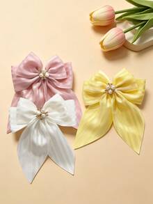 5pcs/Set High-Quality Large Satin Ribbon Double-Layer Bow Hair Clips, Elegant School Style - Cute Girls Hair Accessories, Exquisite Crystal & Pearl Design, Sweet Striped Ribbon Clips, Best Gift For Girls, Suitable For Valentine's Day And All Occasions - White - View 5