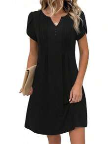 ,Flower Dress Women,2026 Women's Summer Casual Floral V-Neck A-Line T-Shirt Mini Dress Short Sleeve With Pockets Beach Sundress,Casual Summer Dress, S - 黑色 - 查看 12