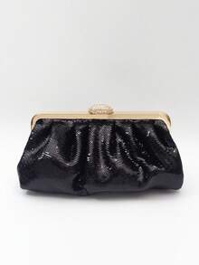 Elegant Ruched Sequined Evening Bag Sparkly Glitter Clutch Purse With Rhinestone Clasp Chain Strap For Women Wedding Party Prom Banquet, Classic Black - Black - View 2
