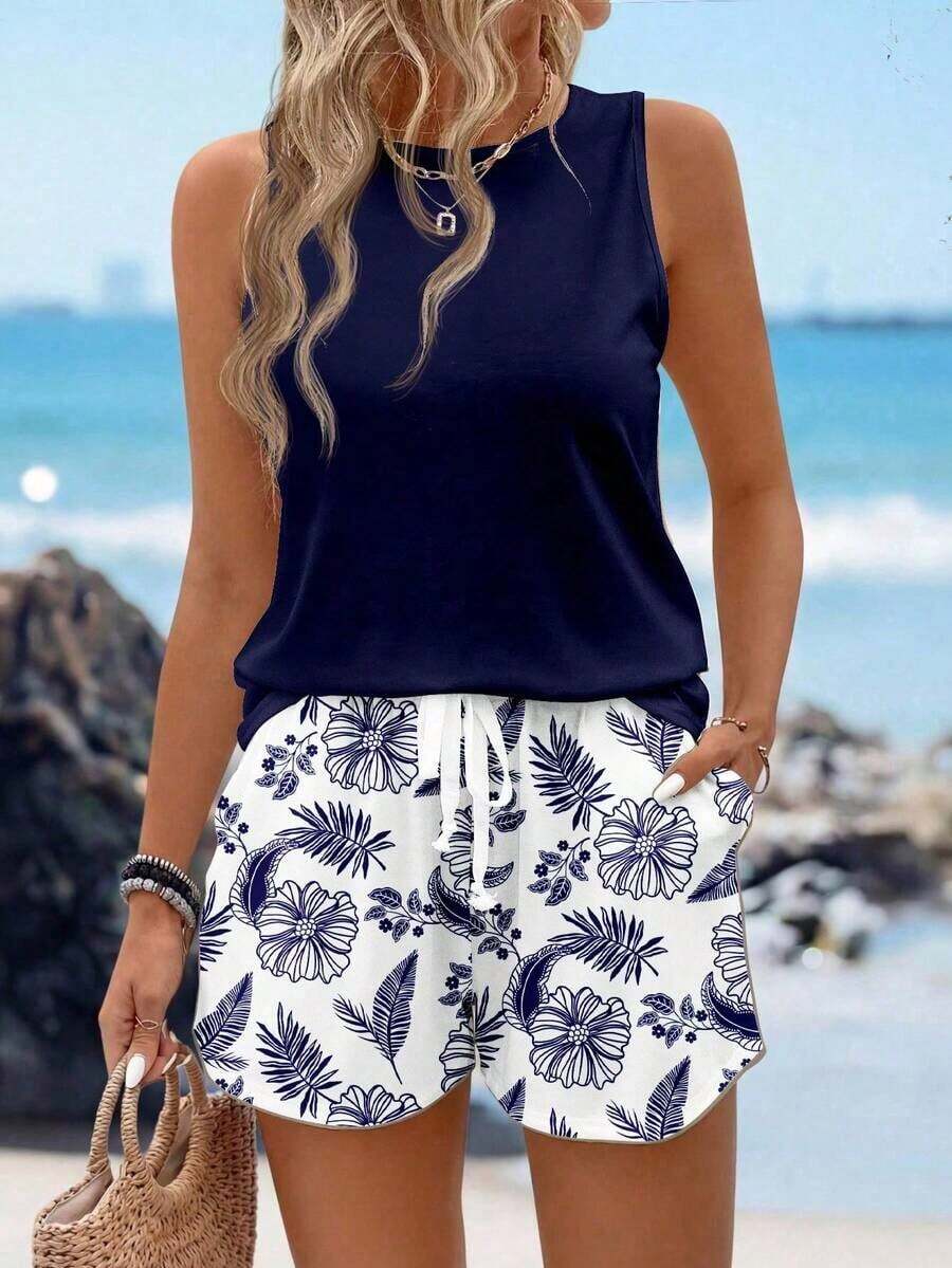 Conjunto de 2 piezas de top de tirantes con estampado de caballo blanco y shorts a rayas, adecuado para uso casual diario, primavera/verano - Multicolor 2 - Ver 1