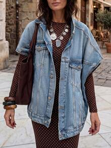 Chaqueta vaquera de cuello vuelto holgada y versátil, chaqueta vaquera de manga corta de diseño único para uso casual y de oficina en verano - Lavado ligero - Ver 5