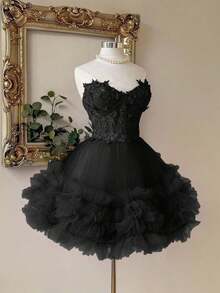 Lovelzi Elegante y lujoso vestido corto hecho a mano con aplicaciones bordadas, encaje de ganchillo y parches de satén, con abertura en la cintura, adecuado para citas, fiestas de solteros, galas, bailes, Día de San Valentín - Negro - Ver 7