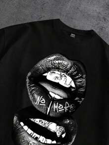 Manfinity  Camiseta de manga corta con estampado de labios, dientes y diamante de imitación en color blanco, con efecto desgastado y rojo, adecuada para primavera/verano, regalo divertido para novio/uno mismo - Negro - Ver 2