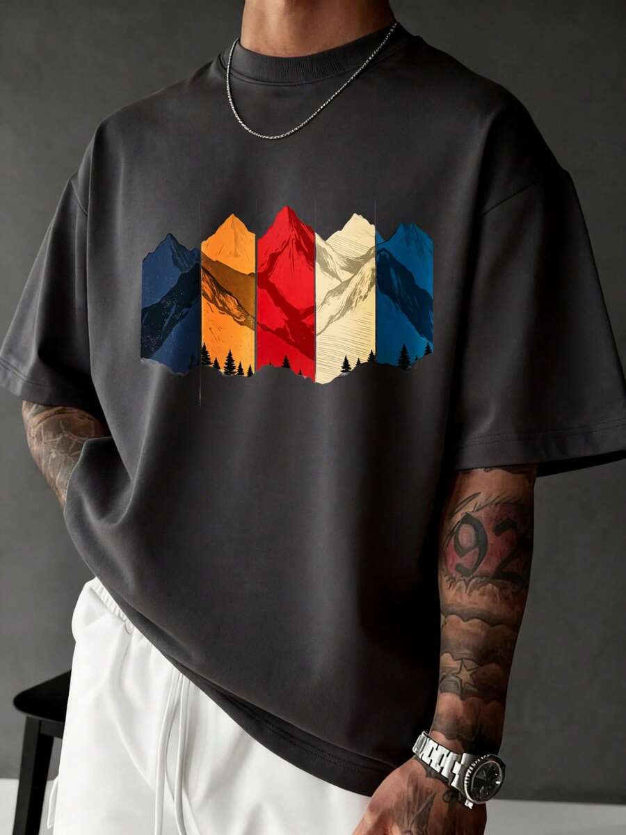 Men's Urban Style T-Shirt, Mountain Print, Colorful Abstract Art, Machine Washable, Casual For Daily Wear, Fitness And Outdoors | Sports And Casual T-Shirts - 深灰色 - 查看 1