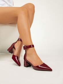 Women's New Fashion Burgundy High Heels, Cute Solid Color Minimalist Versatile Closed Toe Slingback Hollow Buckle Elegant Party Sexy Commute Office Pointed Toe Thick High Heel Sandals, All Season - Burgundy - View 4