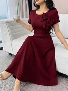 Vestido de verano de unicolor con decoración de moño y cintura ceñida para mujer - Rosa Pálido - Ver 9