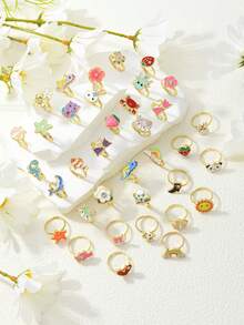 36pcs/12pcs Cute Cartoon Rings, Animal, Flower, Heart Shaped Enamel Rings Set, Zinc Alloy Small Animal Design Adjustable Rings, Suitable For Both Boy And Girl - Gold - View 6