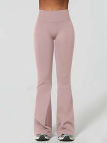 NcmRyu 1 pieza Pantalones deportivos de cintura alta, unicolor, sin costuras, minimalistas, con elástico y efecto levantador de glúteos, de campana, color negro, para primavera - Gris Claro - Ver 10