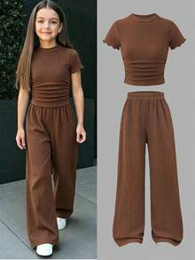 Girls' Basic Summer Set, Textured Knit Short Sleeve Top + Flowy Pants, Suitable For Casual, Ins Style, School, Vacation - Coffee Brown - View 1