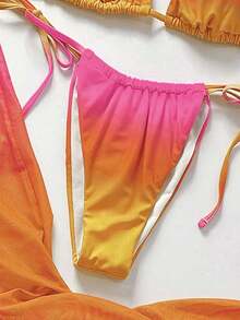 Conjunto de bikini sexy para mujer de 3 piezas, bikini halter de color sólido con efecto ombré brillante y falda larga de malla, adecuado para vacaciones, Pascua, festivales, salidas, citas nocturnas, ropa para todas las mujeres, vacaciones de otoño y verano. - Azul - Ver 10