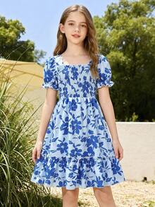 Vestido de niña con patrón de corazón dulce, mangas abullonadas, ribete de volantes y dobladillo con volantes, vestido de princesa para fiesta de verano, playa y vacaciones - Azul Marino - Ver 3