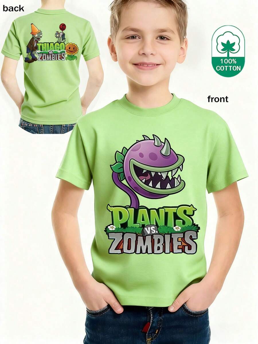 Casual Crew Neck T-Shirt, Sheer Short Sleeve T-Shirt With Pattern, Minimalist Casual Style, Venus Trap And Tyrannosaurus Rex Flower Print T-Shirt Top, Machine Washable, Small, Medium And Large For Spring, Summer, Autumn And Clothing For Ages 3 To 12 Years - 軍綠色 - 查看 1