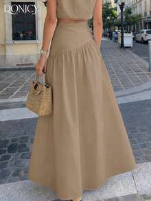DONICY Women's New Arrival Spring Summer White Elegant Vacation Maxi Skirt - High-Waisted Flowy A-Line Soft Comfortable Beach Wedding - Khaki - View 7