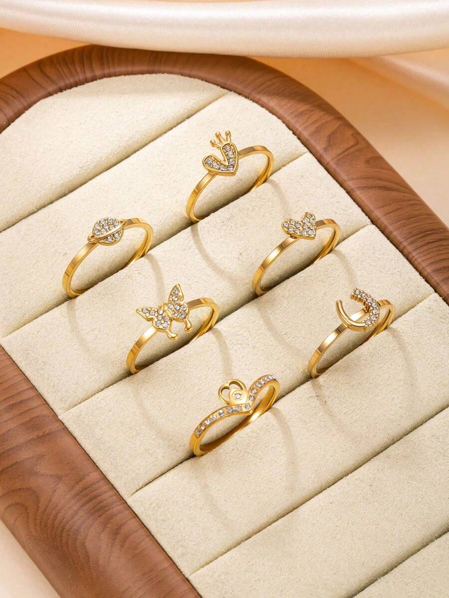 6 piezas Anillos ajustables de acero inoxidable decorados con rhinestones con diseños de corazón, mariposa y planeta, adecuados para uso diario o para fiestas de mujeres - anillo - Ver 1