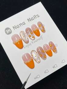 1 Pack/10 Pcs Gradient Nude Pink & Orange Nail Stickers | Daisy Flower Polka Dot + Crystal Pearl Decor | Cute Summer Nail Art For Women | Handmade Full Coverage Long Nail Stickers | Easy To Apply - Orange - View 4