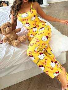 2pcs Hello Kitty Print Women's Camisole Crop Top + Elastic Waist Straight Pants Cute Pajama Set - Yellow - View 3
