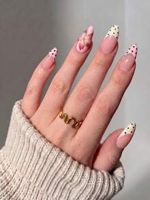 24 piezas de uñas postizas cortas de almendra, uñas postizas con puntas francesas nude, puntas de uñas artificiales para mujeres, con diseños de flores 3D y lunares. Uñas postizas elegantes y brillantes, adecuadas para fiestas, uso diario, gran regalo para suministros de uñas de damas - Multicolor - Ver 7