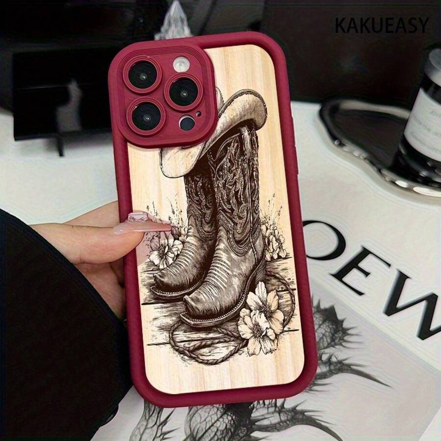 Phone Case - Western Boot Design Pattern Phone Case For Iphone16Promax, 16 15Pro 14PLUS 13 12Pro 11 Pro Max X XSMAX Shockproof Silicone Bumper Drop Protection Soft Back Cover - 酒紅 - 查看 1