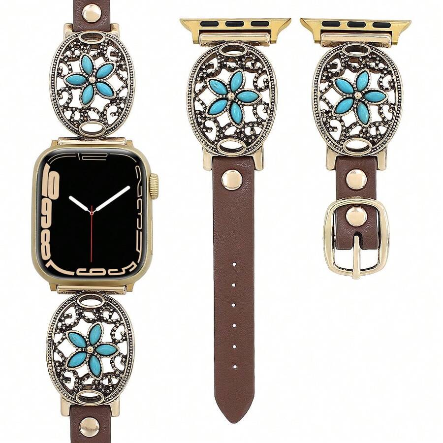1 pieza Correa de reloj vintage turquesa, compatible con Apple Watch 38mm 40mm 41mm 42mm 44mm 45mm 49mm S10 42mm, diseño hueco estilo bohemio, correa de moda personalizada única, adecuada para fiesta, banquete, regalo del Día de San Valentín/Día de la Madre. - Dorado - Ver 1
