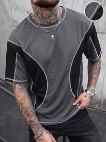 T-shirt de manga curta folgada com patchwork colorblock para homem, verão - Cinza escuro - Ver 4