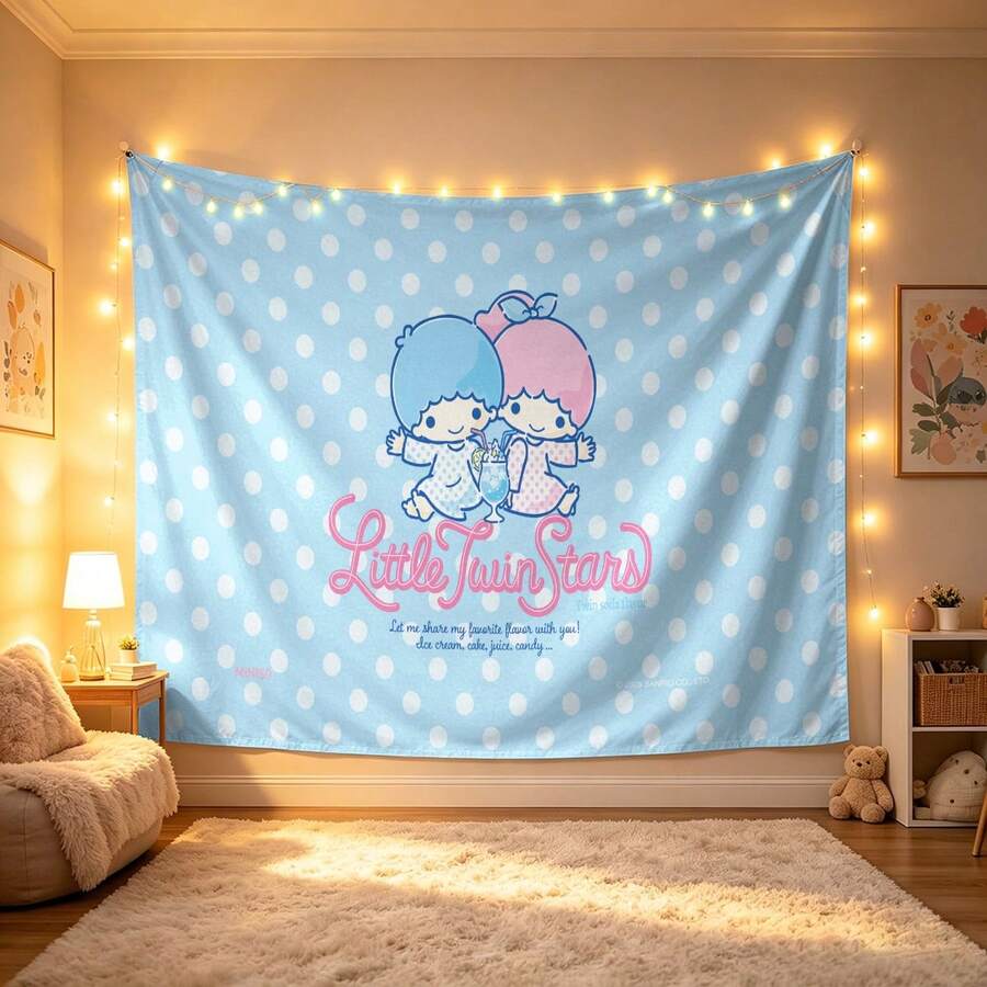 Miniso Tấm thảm trang trí chấm bi hình ngôi sao đôi nhỏ Sanrio, nền xanh dễ thương, chất liệu vải mềm mại, thích hợp cho phòng ngủ, tiệc tùng và chụp ảnh. - 0 - Xem 1