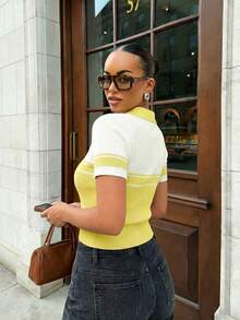 Suéter de punto de manga corta con cuello polo, diseño de bloques de color amarillo & blanco, estilo Y2K, primavera/verano, ajuste ceñido, adecuado para citas, ir al trabajo y viajar - Amarillo verdoso y blanco roto - Ver 10