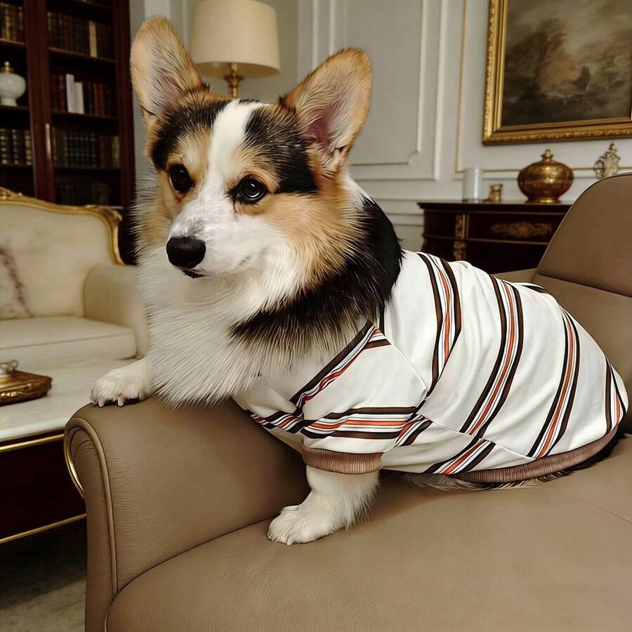 1件狗狗衣服,2026春秋新款柯基犬套装,宠物狗雪纳瑞吉娃娃小型/中型犬条纹透气柔软短袖卫衣,室内外皆宜,弹性吸汗,圆领简约百搭设计 - 白色 - 查看 1