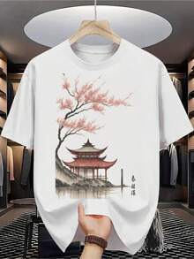 Camiseta 100% para hombre - Manga corta, cuello redondo, estampado digital, cómoda para todas las estaciones, lavable a máquina, ideal para salidas diarias, cuello redondo, diseño circular, camiseta casual de verano Muscle Freaks Japanese Pagoda Estilo Arte Oriental - Blanco - Ver 1