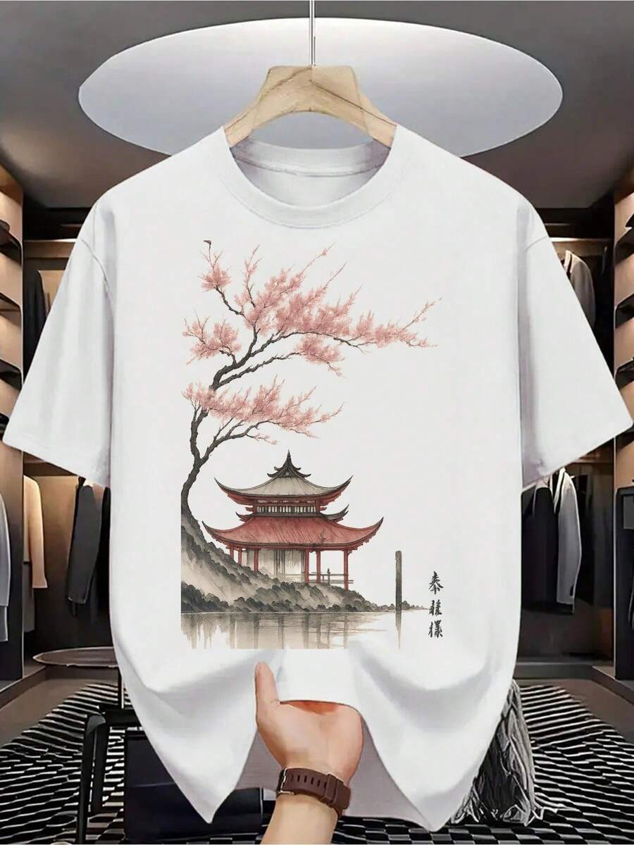 Men's 100% Cotton T-Shirt - Short Sleeve, Crew Neck, Digital Print, Comfortable For All Seasons, Machine Washable, Ideal For Everyday Wear, Crew Neck, Circular Design, Casual Summer T-Shirt Muscle Freaks Japanese Pagoda Style Oriental Art - trắng - Xem 1