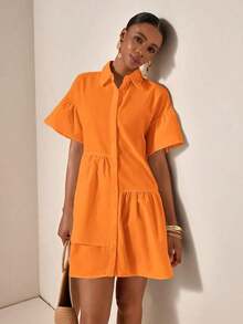 bfdbZivah Vestido de vacaciones de manga corta con volantes en el bajo y botones delanteros de unicolor, para veranosfb x WBBE - Naranja - Ver 3