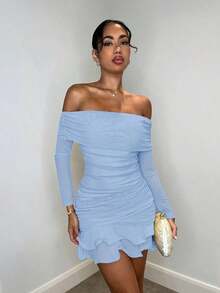 MEXSHEIN  Vestido mini elegante y dulce de manga larga con hombros abiertos, tejido de malla de unicolor, con volantes exagerados en el bajo, adecuado para reuniones de té por la tarde, salidas de moda, citas, salidas dulces, salidas nocturnas, fiestas navideñas, Noche Vieja, atuendos de mujer para vacaciones, vestidos de manga larga, atuendos sexys de mujer, atuendos de mujer para clubes, vestidos mini de manga largaMEX SSZD - Rojo violeta - Ver 6