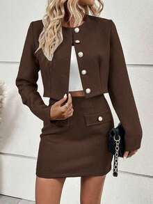 MEXSHEIN ChicEase Conjunto de 2 piezas de chaqueta corta abotonada de tweed elegante y falda mini para mujer, adecuado para el trabajo y el uso casual, otoñoMEX DNAK - Marrón - Ver 4