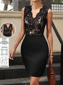 Vestido ajustado sin mangas con elegante encaje floral, para verano - Negro - Ver 2