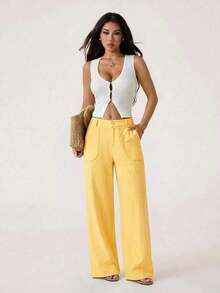 PETITE Pantalones rectos de cintura baja de 100% algodón lavado, pantalones de lino para mujer, pantalones de verano, pantalones anchos de mujer, pantalones de verano, otoño y ropa de otoño para mujer - amarillo ganso - Ver 5