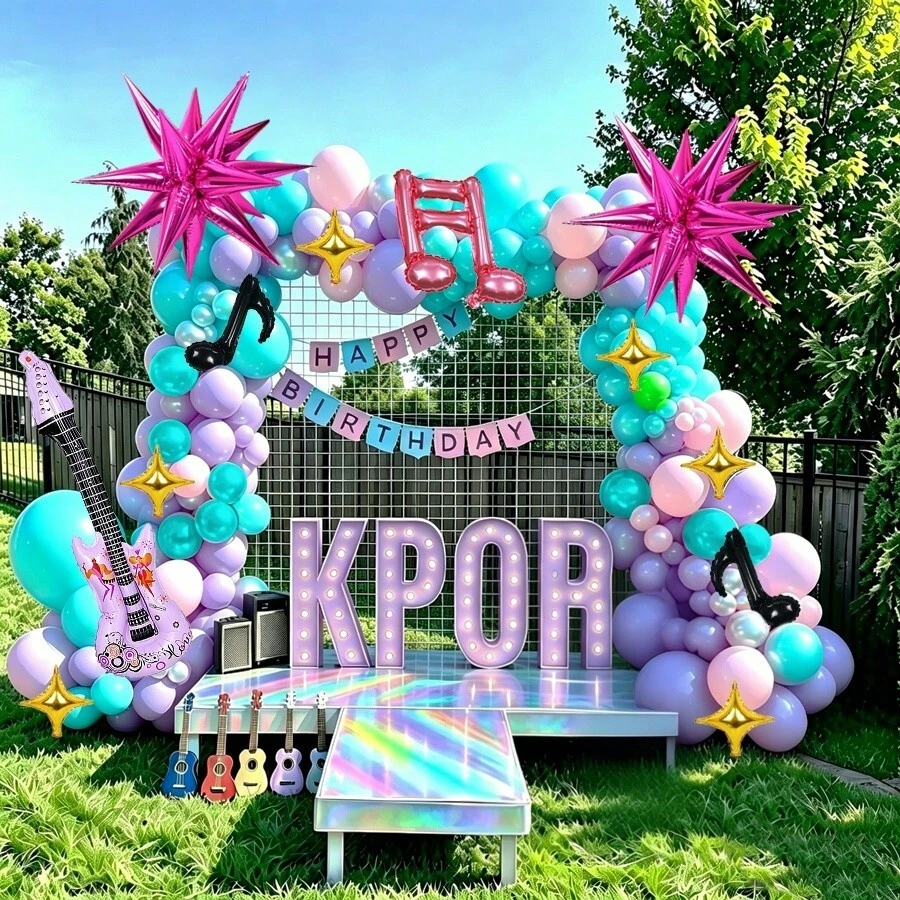 100件/套 主流音樂 K/Pop 主題氣球拱門套裝,包含吉他、音符、四角星箔氣球、乳膠氣球,適用於音樂節、生日、迪斯可派對、單身派對 - 彩色 - 查看 1