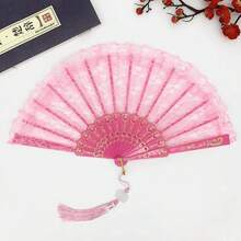 1 pieza Abanico plegable de encaje para mujer, diseño de orquídea de unicolor, accesorio de fotografía para actuaciones de baile de verano, abanico plegable con ribete de encaje estilo Lolita - Multicolor - Ver 16