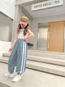 青少年女孩側條紋夏季休閒運動慢跑褲 - 霧霾藍 - 查看 2