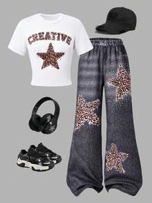 Y2K Style Spicy Leopard & Star Print White Short Sleeve T-Shirt + Loose Denim-Look Pants 2-Piece Set, Casual Outdoor Summer - White - View 3