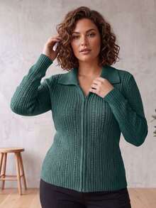 Women's Long-Sleeved Knit Coat, Winter Sweater With Zipper, Textured Knit, Modern Fashion - Rừng xanh - Xem 3