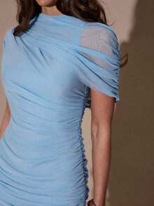 MEXSHEIN  Vestido ajustado con pliegues elegantes, adecuado para cóctel, cita romántica, capas de otoño/invierno, fiesta, reunión formal, Halloween, NavidadMEX 9SWR - Celeste - Ver 6