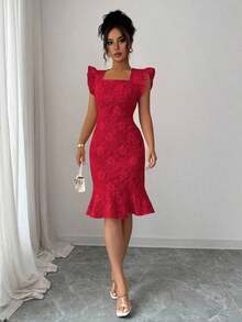 MEXElenzga Vestido elegante de jacquard para ir al trabajo, veranoMEX LBPU - Rojo - Ver 3