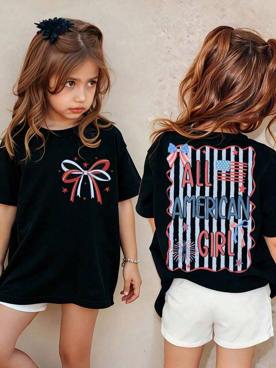 American Honey Kids' Short Sleeve T-Shirt With 4th Of July Cartoon Print, 180g, Soft, Comfortable And Breathable, Suitable For All Seasons, Perfect For Boys And Girls For Everyday Wear, School And Casual Sportswear. An Ideal Crew Neck T-Shirt For Holiday Parties, Gatherings, Outdoor Activities And Travel. - 黑與白 - 查看 1