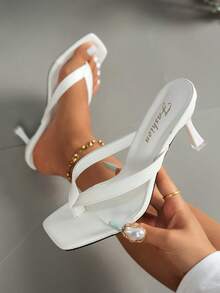 Women's Black Elegant High Heel Sandals, Fashionable Square Toe Kitten Heel Dress Sandals Suitable For Any Formal Occasion For European, American And Middle Eastern Women, Comfortable Slip-On Kitten Heel Design - White - View 1